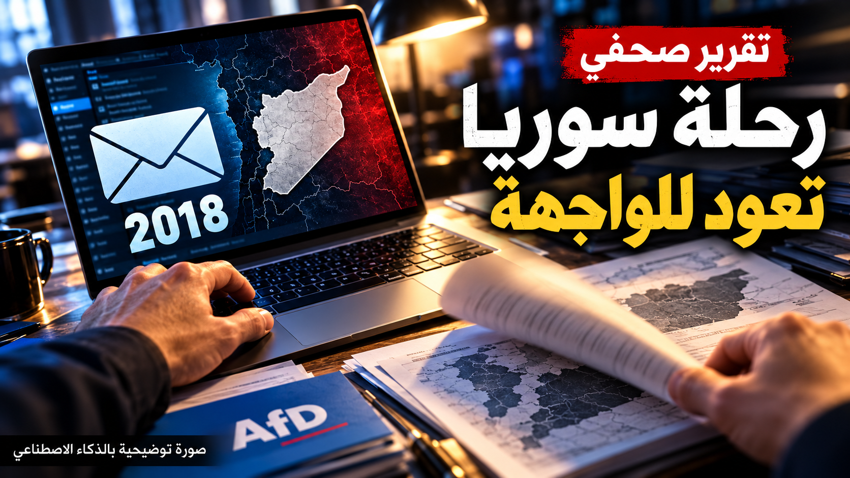 مشهد توضيحي ليدين تقلبان أوراقًا بجوار حاسوب يعرض رمز بريد وخريطة سوريا وعام 2018، مع بطاقة AfD وعنوان عربي