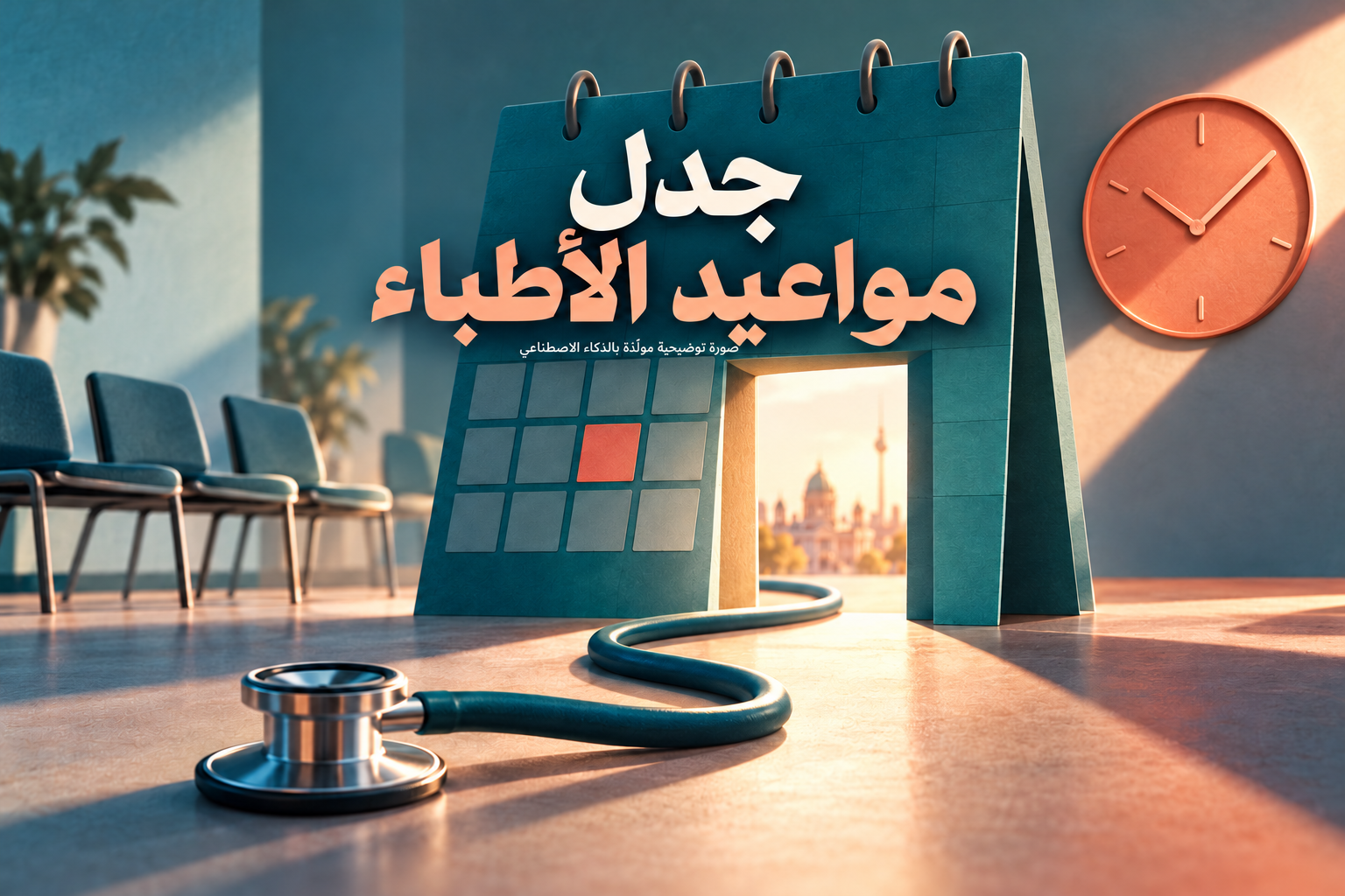 رسم رمزي لتقويم مواعيد على هيئة باب وسماعة طبية وكراسي انتظار وساعة، مع عنوان جدل مواعيد الأطباء