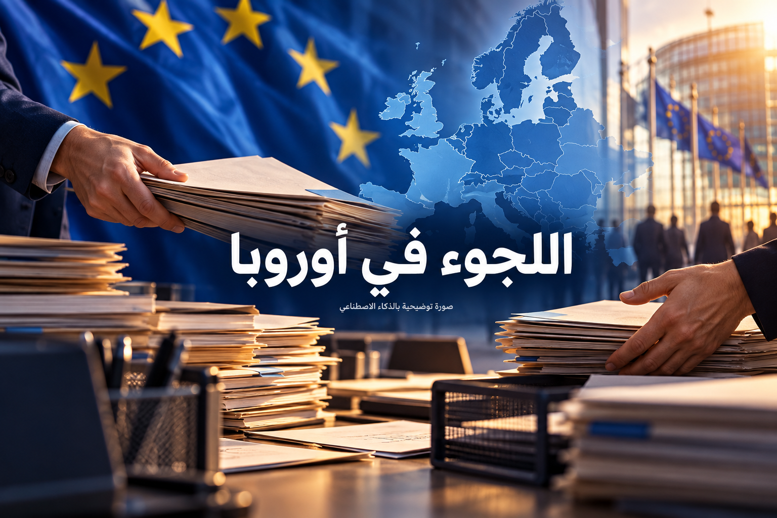 رسم توضيحي لأيدٍ تنقل ملفات طلبات أمام خريطة أوروبا ونجوم علم الاتحاد الأوروبي