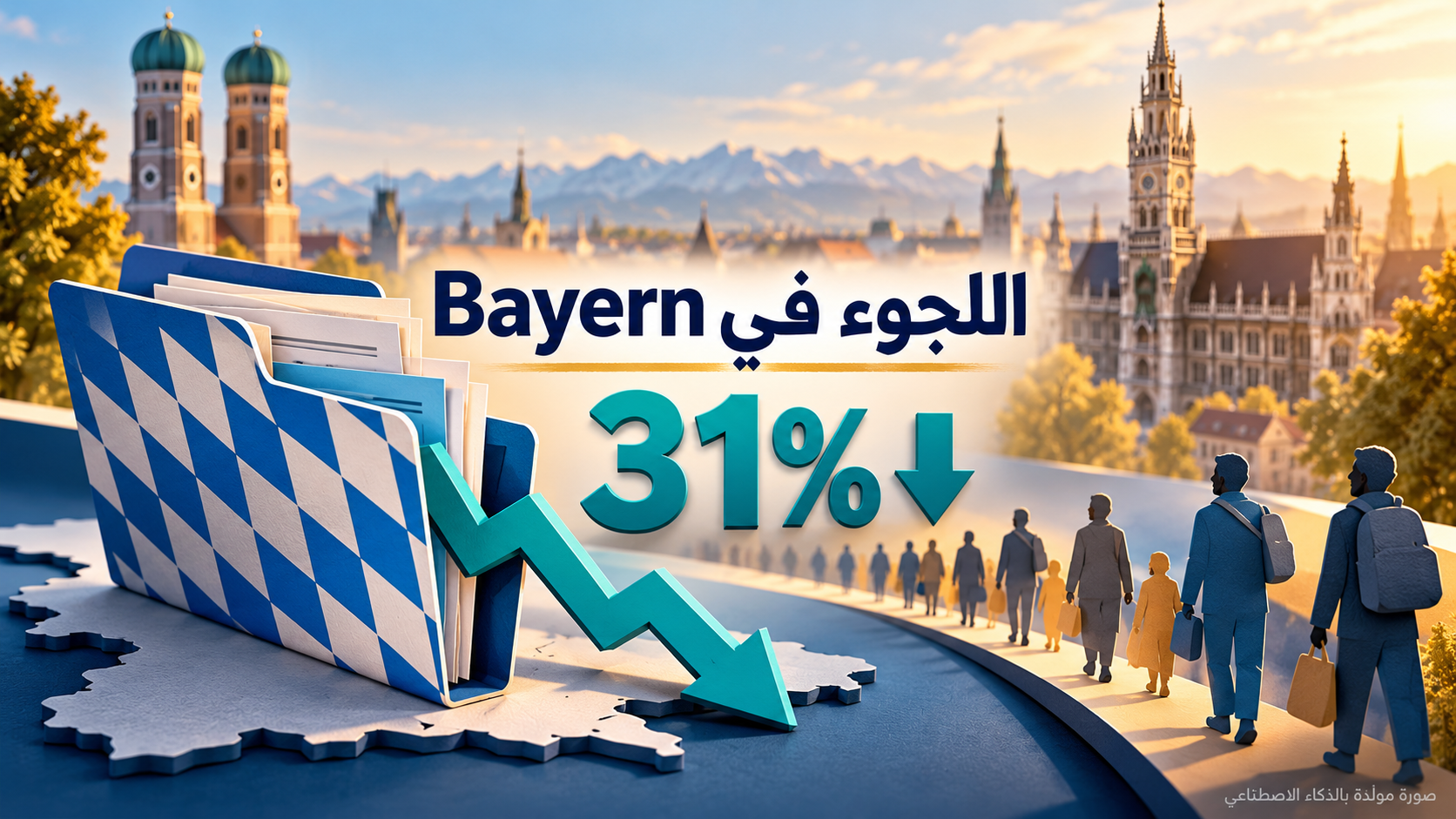 رسم رمزي لملفات بألوان Bayern وسهم هابط بنسبة 31% وأشكال بشرية أمام معالم München