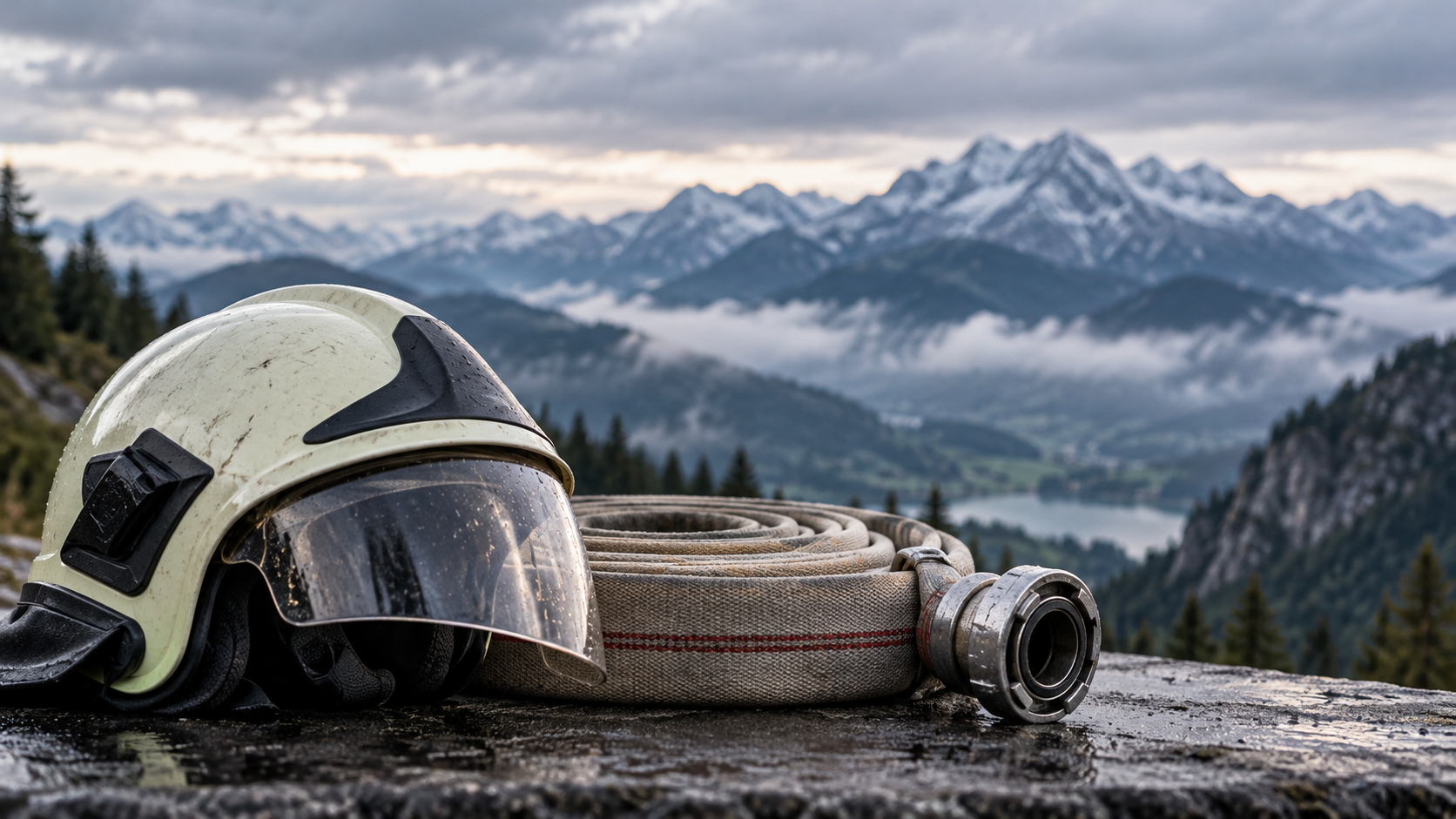 رسم رمزي لمعدات إطفاء وجبال الألب وحاجز طريق، وليس صورة من حريق Kehlsteinhaus