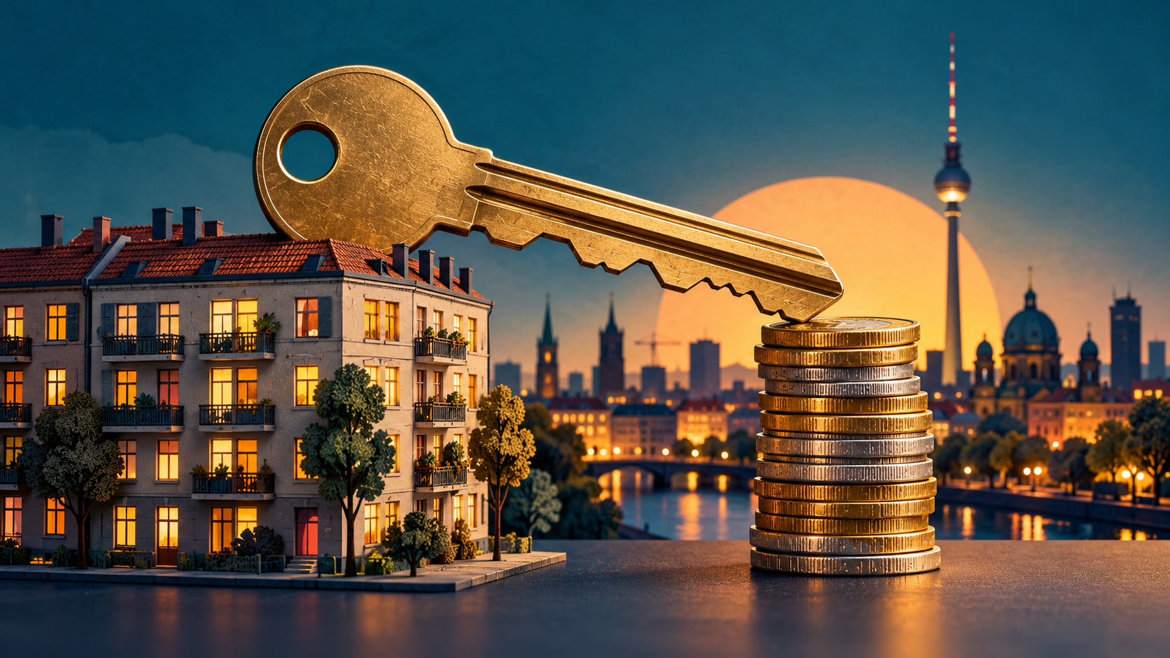 رسم رمزي لمفتاح ذهبي يتوازن بين مبنى سكني وعملات معدنية أمام أفق Berlin
