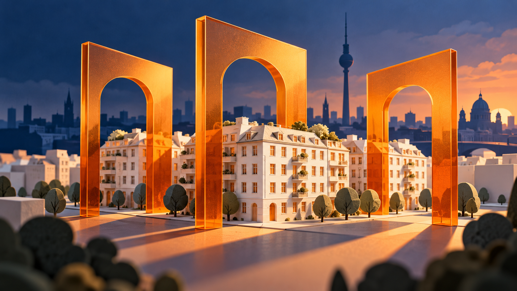 رسم رمزي لمبانٍ سكنية أمام 3 بوابات بلون كهرماني وأفق Berlin في الخلفية