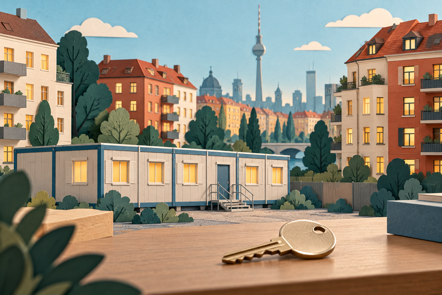 رسم رمزي لمفتاح أمام مبنى إيواء مؤقت ومبانٍ سكنية وأفق Berlin
