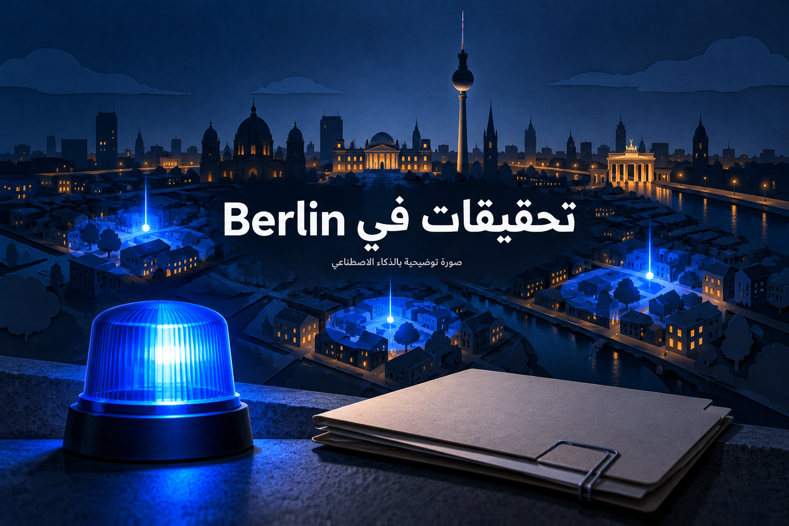 رسم رمزي لأفق Berlin ومجسّم أحياء مضاء بالأزرق مع مصباح طوارئ وملف تحقيق، من دون تصوير أشخاص أو واقعة حقيقية