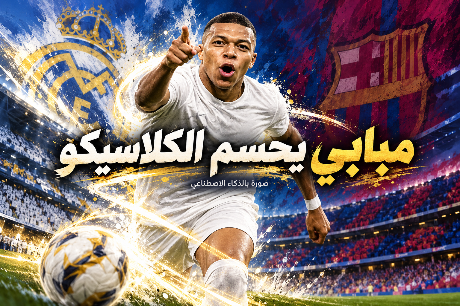 رسم توضيحي لكيليان مبابي بقميص أبيض وسط ألوان ريال مدريد وبرشلونة وعبارة مبابي يحسم الكلاسيكو