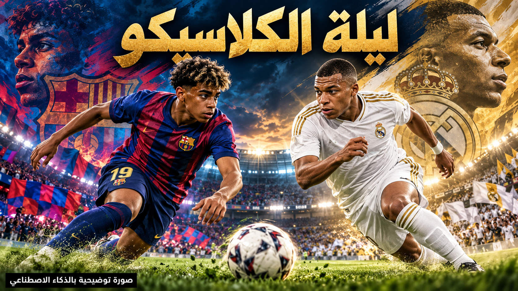 تصميم رياضي توضيحي يُظهر لامين يامال بزي أزرق وأحمر وكيليان مبابي بزي أبيض في وضعيتَي حركة منفصلتين، مع كرة وأضواء ملعب وعنوان ليلة الكلاسيكو