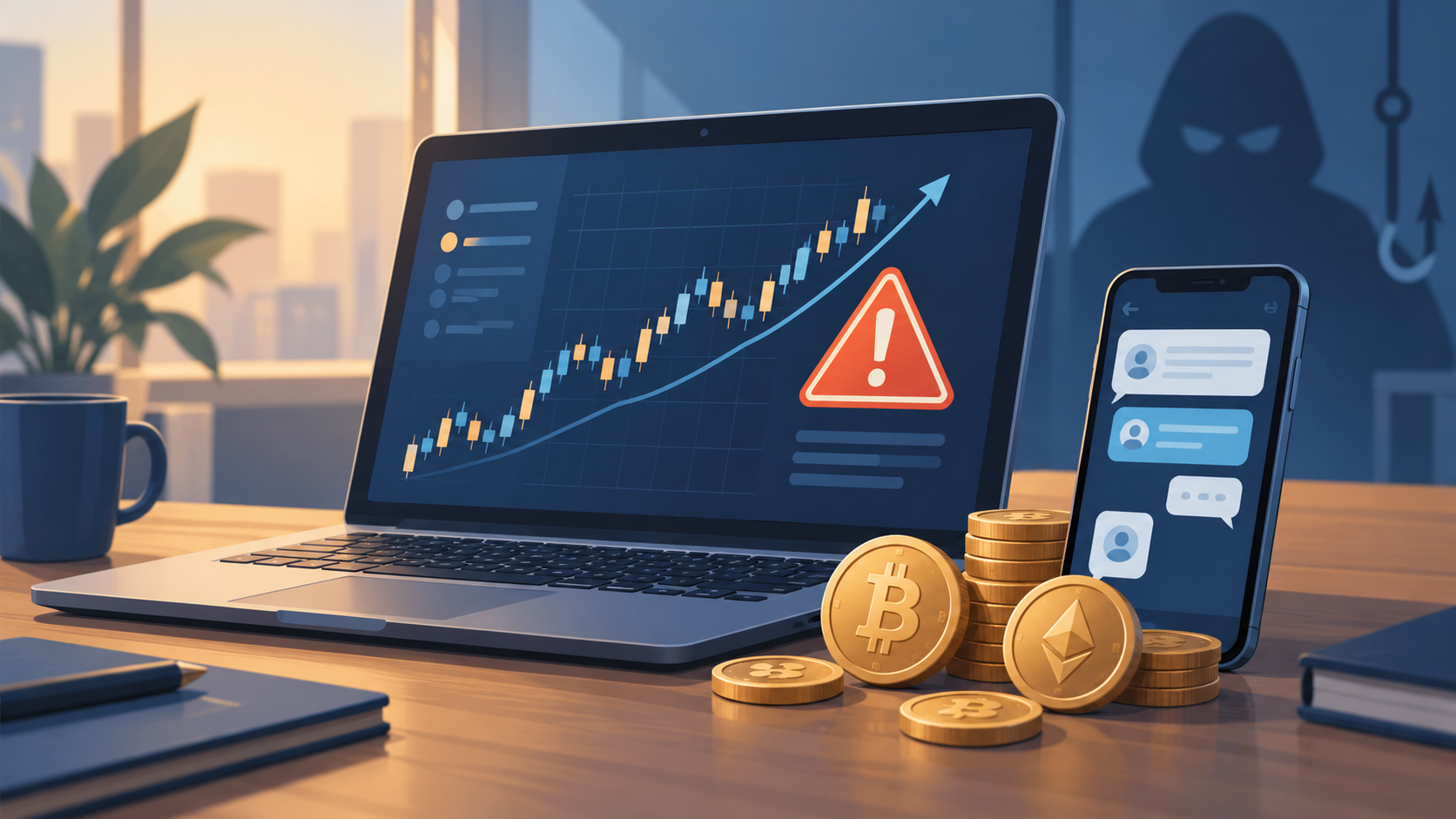 رسم توضيحي لحاسوب يعرض مخططًا ماليًا وعلامة تحذير، وهاتف وعملات رقمية ورمز احتيال في الخلفية