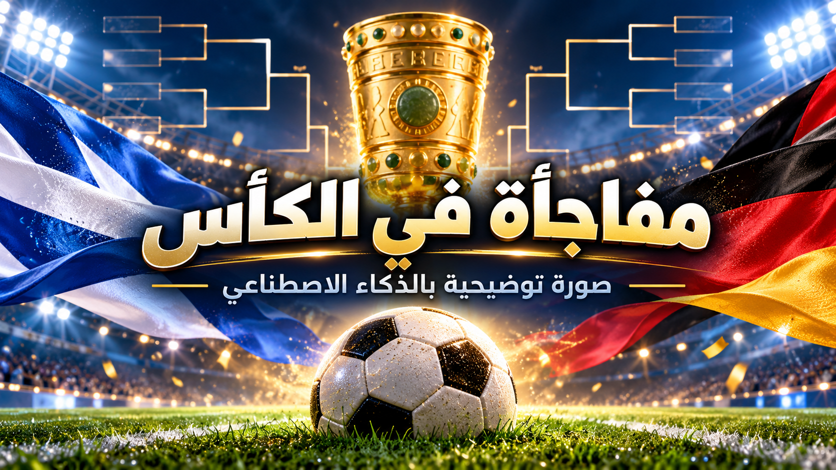 رسم توضيحي لكأس ذهبي وكرة قدم في ملعب مضاء مع عبارة مفاجأة في الكأس