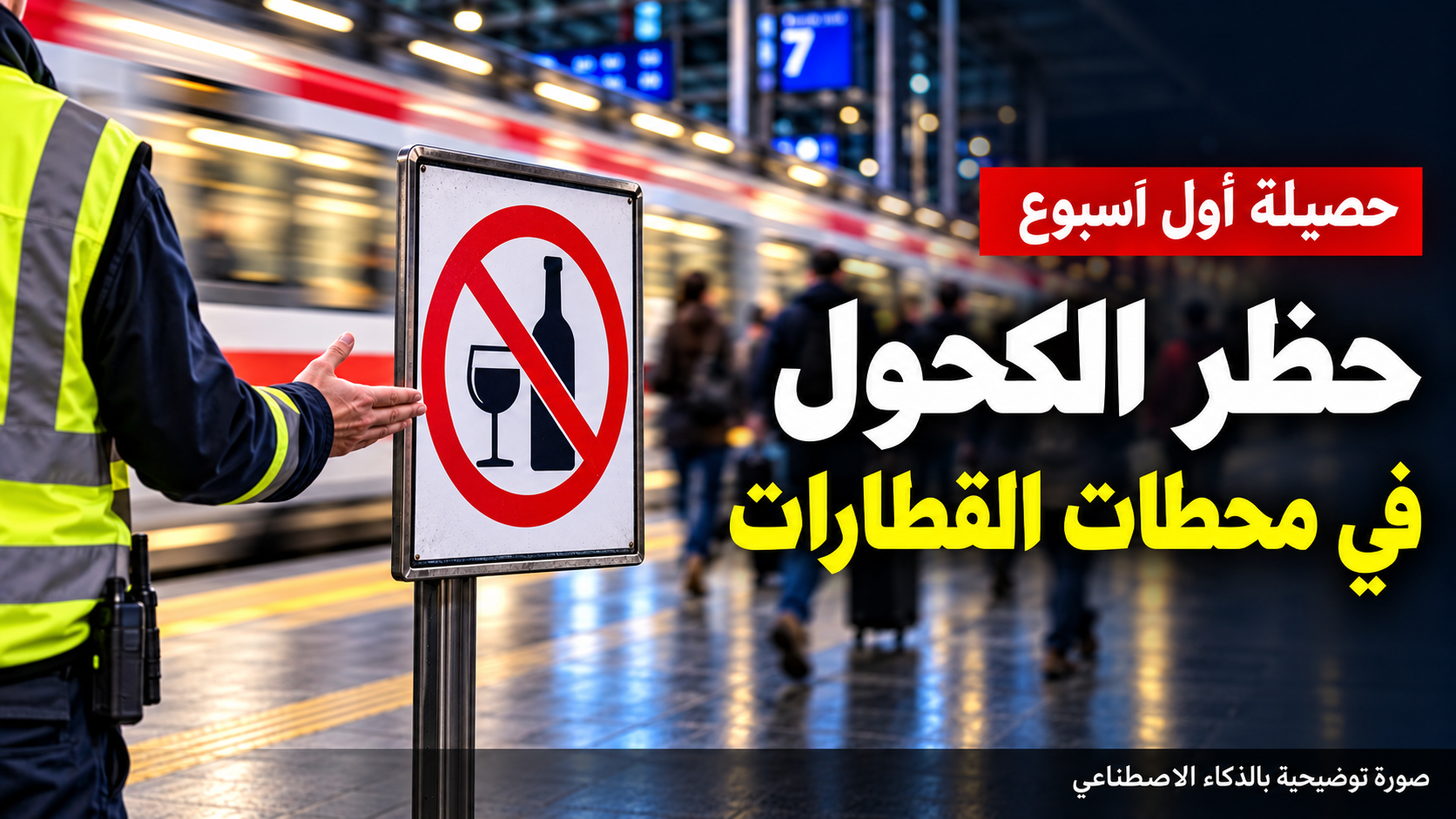 رسم توضيحي لعامل أمن يشير إلى علامة منع الكحول، مع قطار متحرك ومسافرين في الخلفية وعنوان عربي عن حصيلة الأسبوع الأول