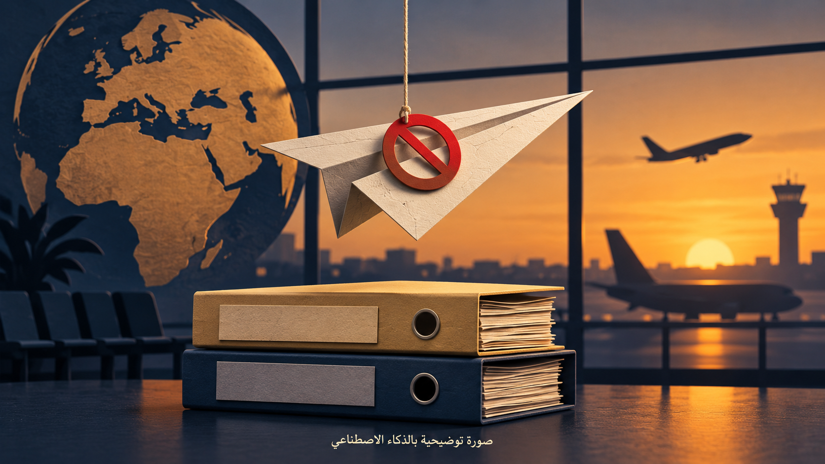 طائرة ورقية معلّقة بعلامة توقف فوق ملفين أمام نافذة مطار في رسم رمزي