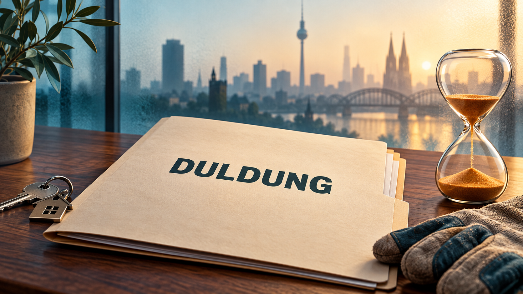 رسم توضيحي لملف يحمل كلمة DULDUNG بجوار ساعة رملية ومفتاح منزل وقفازات عمل وخلفية مدينة رمزية