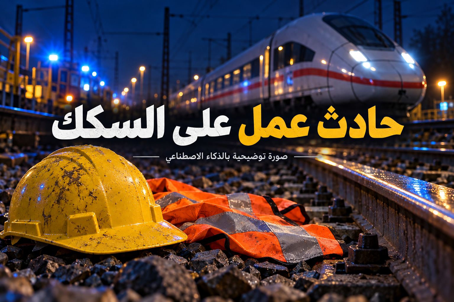 رسم توضيحي لخوذة وسترة سلامة قرب سكة حديد وقطار سريع ليلًا