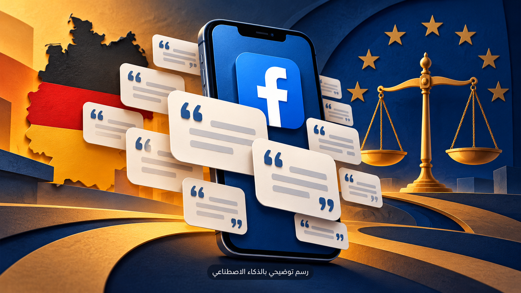 رسم رمزي لهاتف يحمل شعار Facebook وبطاقات اقتباس متكررة إلى جانب ميزان العدالة وخريطة ألمانيا ونجوم أوروبية.