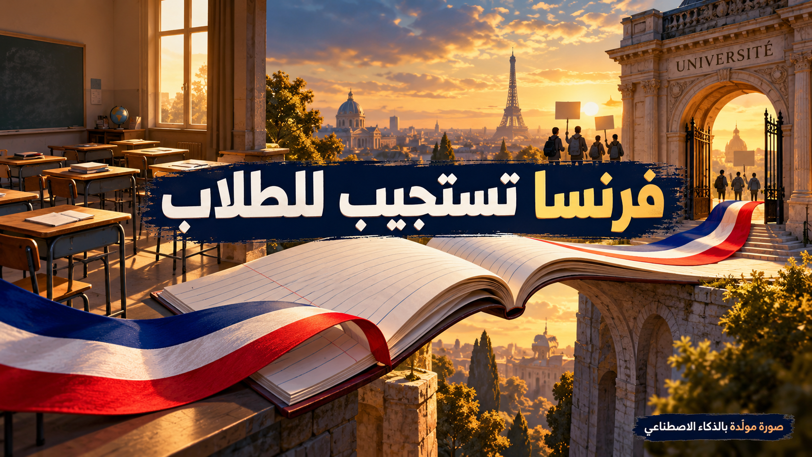 رسم رمزي لدفتر مفتوح يتحول إلى جسر بين فصل دراسي وبوابة جامعة مع ألوان العلم الفرنسي