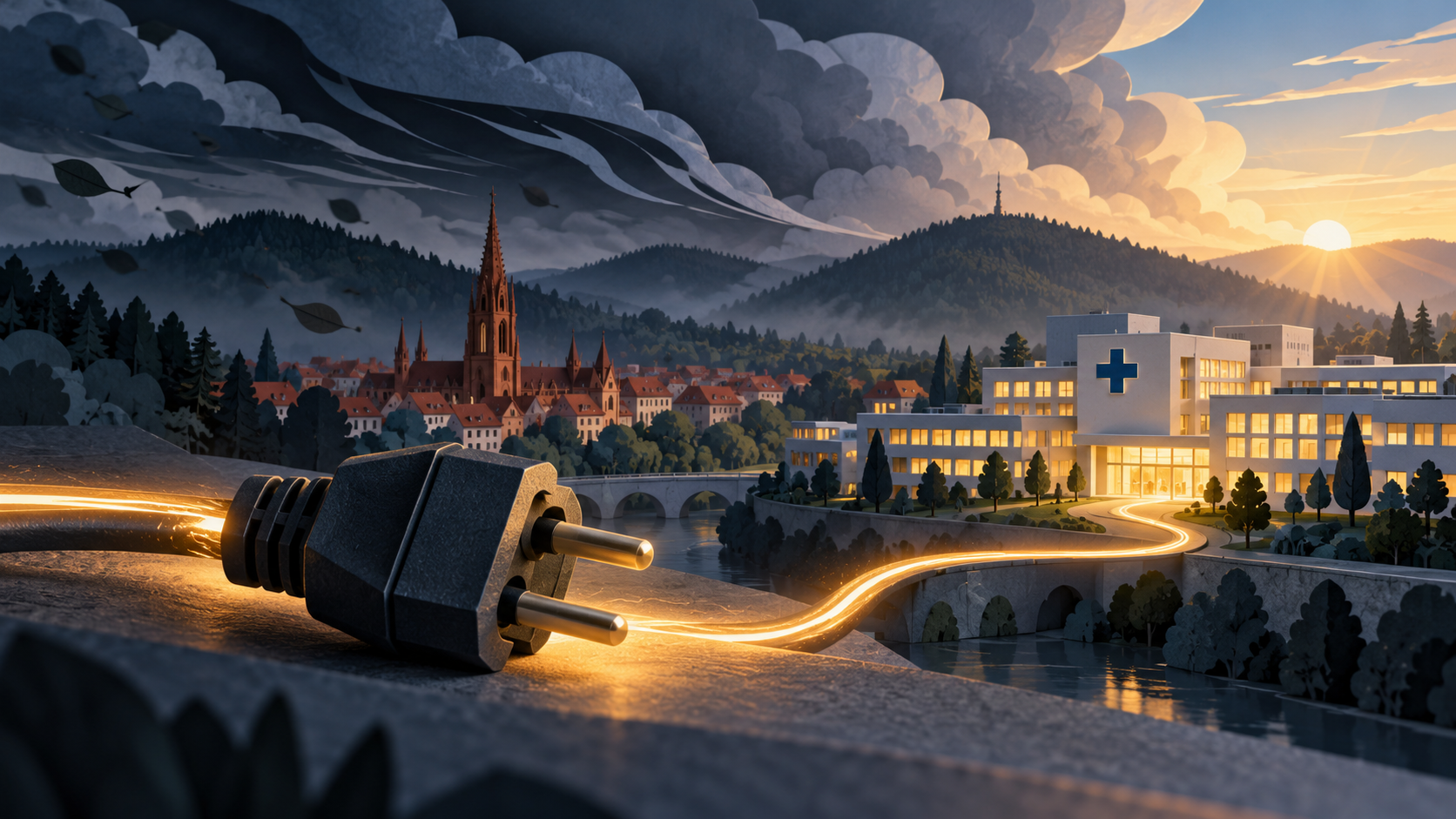 رسم رمزي لقابس كهربائي ومسار مضيء نحو مستشفى أمام مبانٍ وتلال مستوحاة من Freiburg