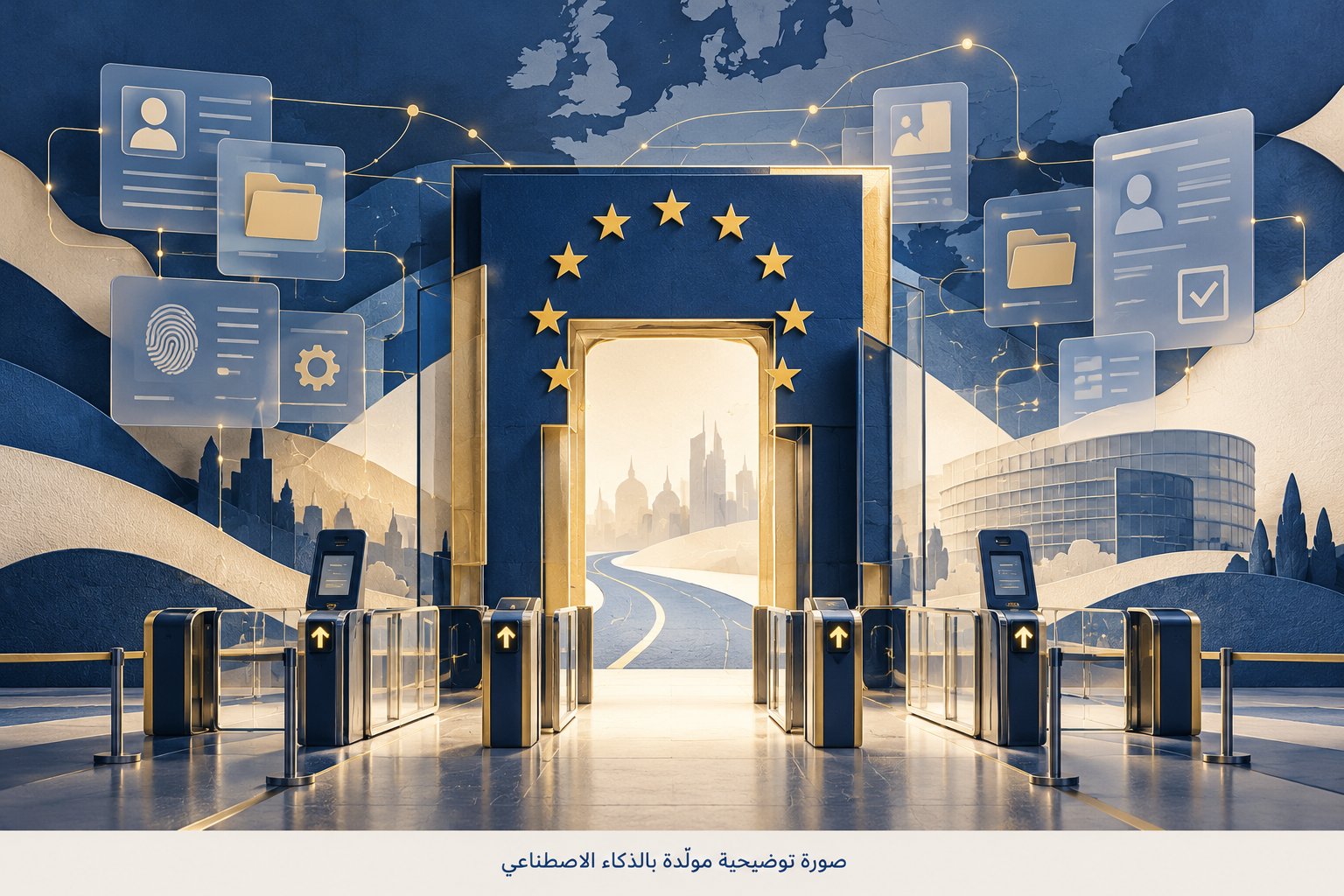 رسم رمزي لبوابة أوروبية زرقاء وذهبية تحيط بها ملفات رقمية مترابطة وممرات مراقبة خالية من الأشخاص.
