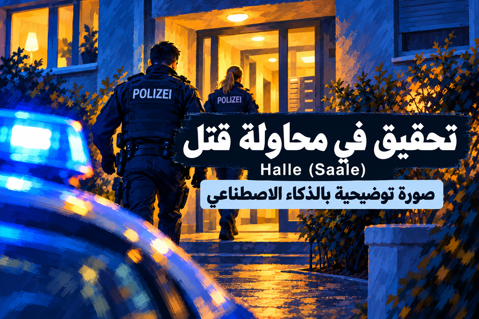 رسم توضيحي لشرطيين يتجهان نحو مدخل مبنى مع ضوء أزرق وعنوان تحقيق في محاولة قتل في Halle (Saale)