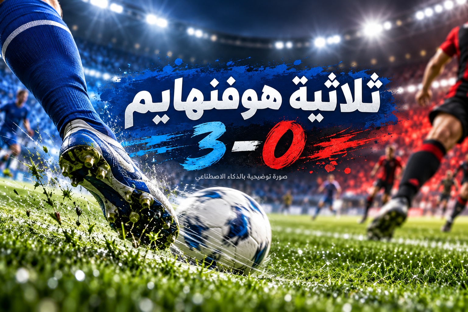 رسم رياضي توضيحي لحذاء بجورب أزرق يسدد كرة على العشب، مع عنوان ثلاثية هوفنهايم والنتيجة 3-0