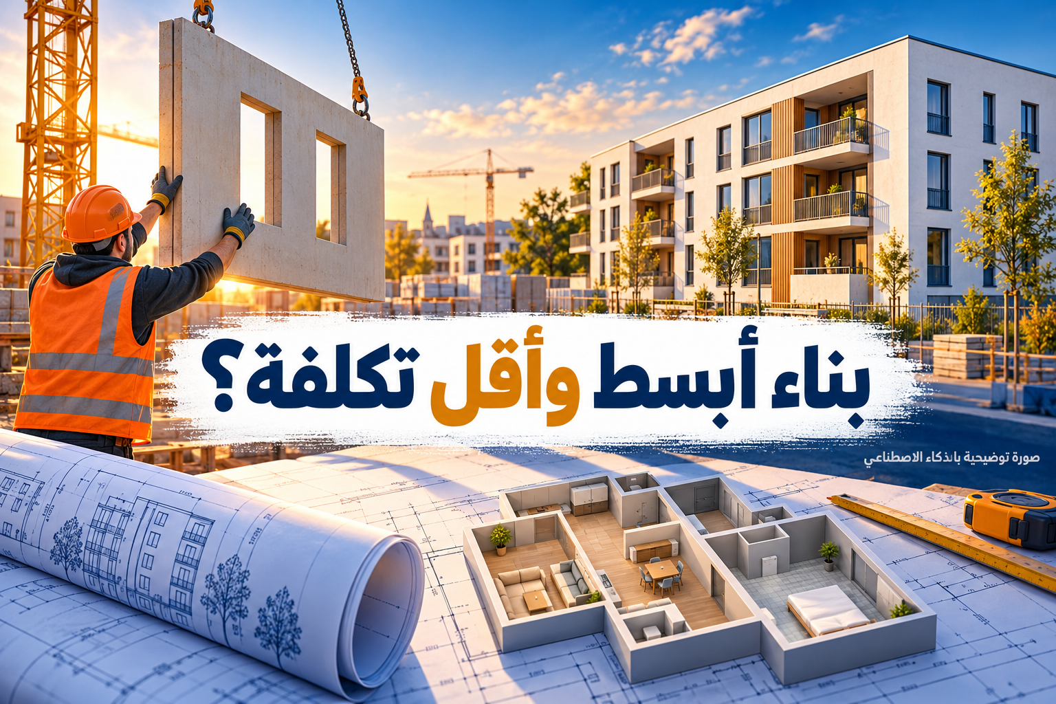 صورة توضيحية لعامل يوجّه لوح بناء ترفعه رافعة أمام مساكن ومخطط هندسي، مع عبارة بناء أبسط وأقل تكلفة؟