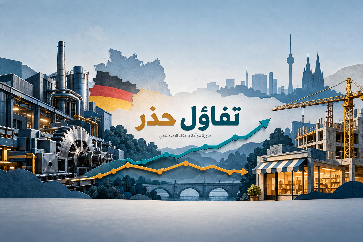 رسم توضيحي لمصنع ومتجر ورافعة بناء في ألمانيا مع مسارين رمزيين وعبارة تفاؤل حذر
