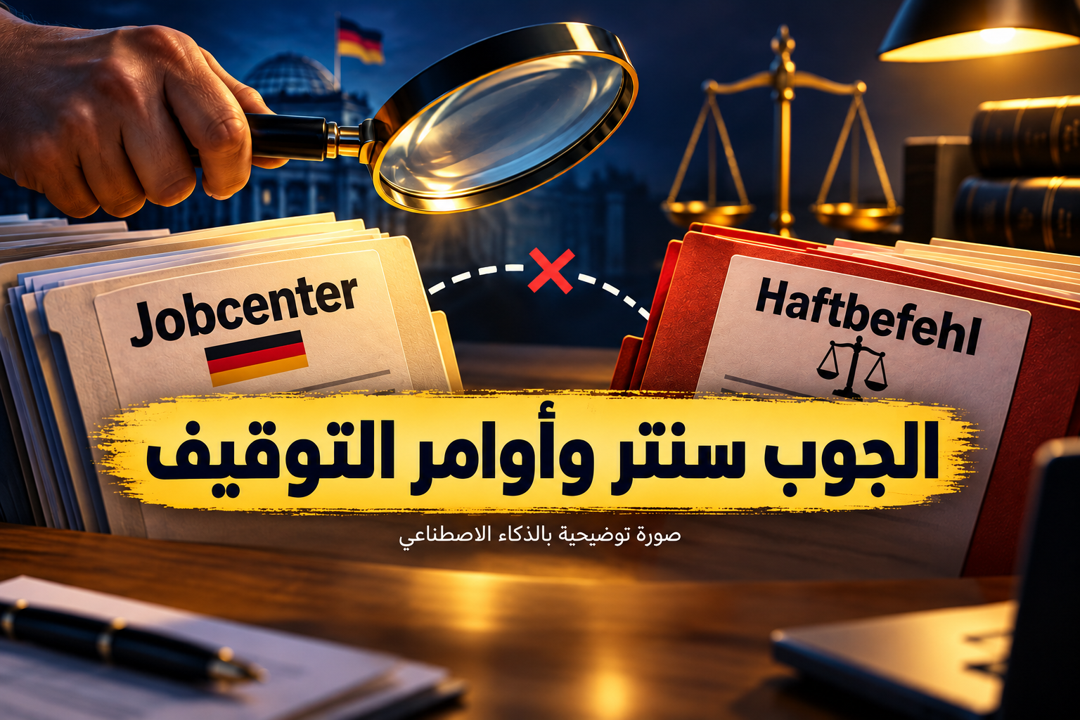 رسم رمزي ليد تحمل عدسة مكبرة بين ملفين مكتوب عليهما Jobcenter وHaftbefehl مع ميزان عدالة وإشارة إلى انقطاع الربط بينهما