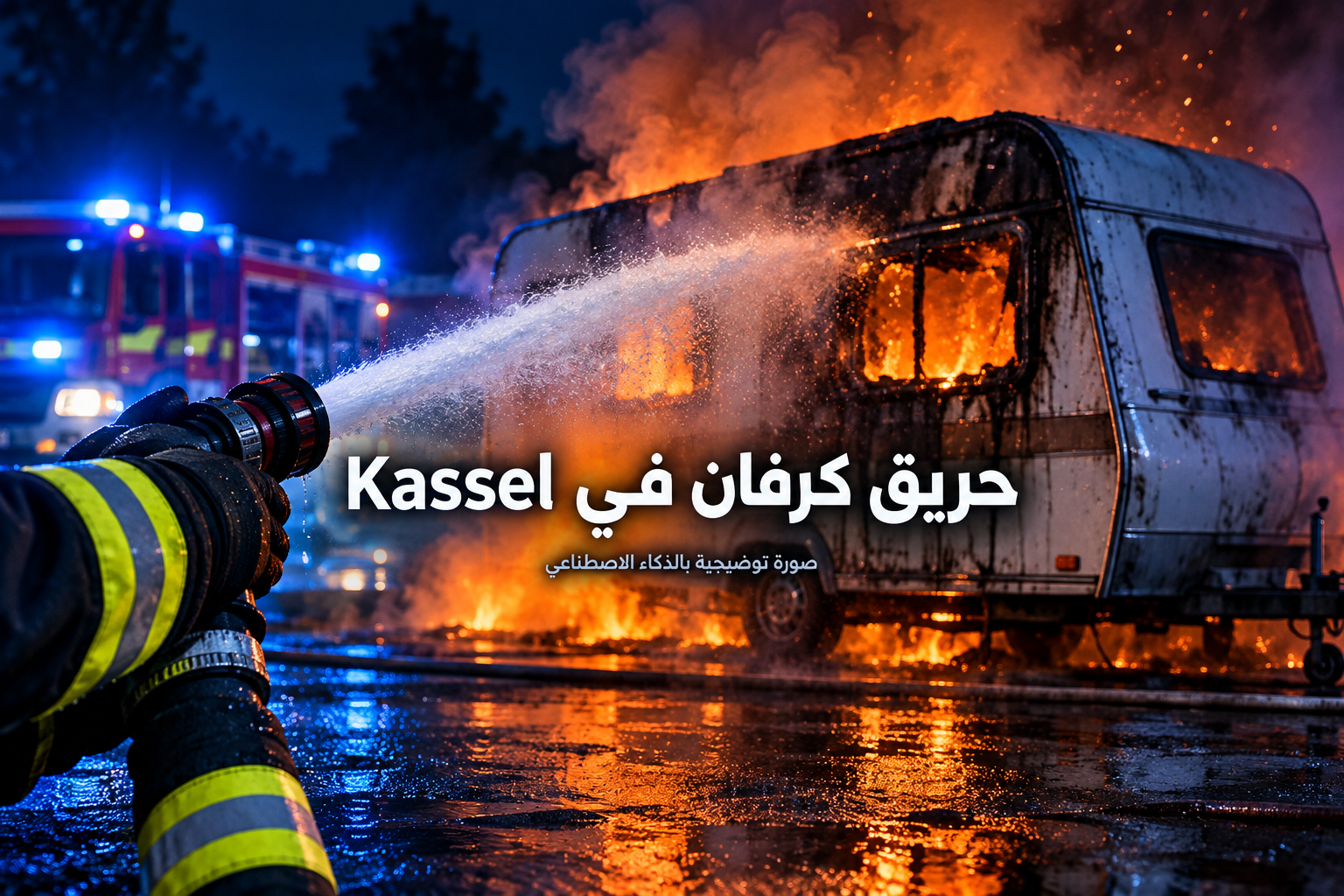 صورة توضيحية بالذكاء الاصطناعي لخرطوم إطفاء يرش الماء على كرفان مشتعل، وليست صورة للحادث الفعلي في Kassel