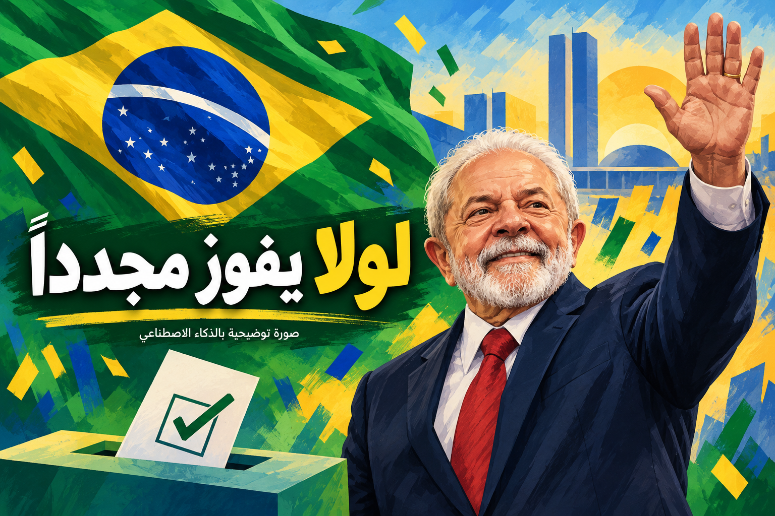 رسم توضيحي للولا دا سيلفا يرفع يده أمام علم البرازيل وصندوق اقتراع