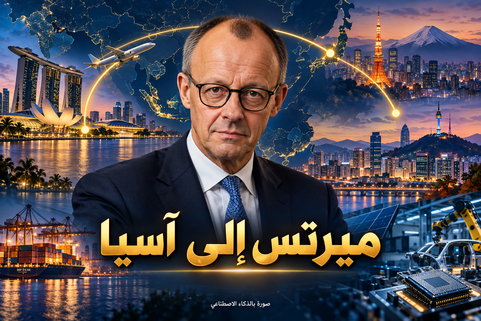 تركيب توضيحي لميرتس أمام معالم سنغافورة وطوكيو وسيول ومسارات طيران ورموز الصناعة