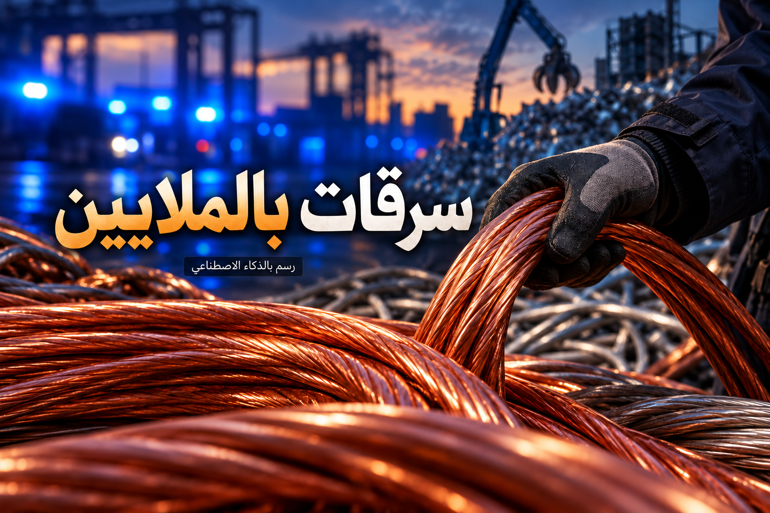 رسم توضيحي ليد بقفاز ترفع أسلاكًا نحاسية وسط أضواء زرقاء وخلفية صناعية مع عنوان سرقات بالملايين