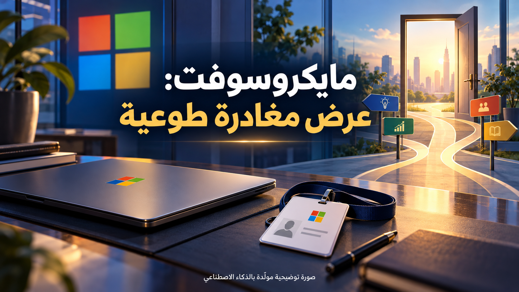 رسم توضيحي مولّد بالذكاء الاصطناعي لحاسوب وبطاقة موظف وطريق نحو باب مفتوح مع عبارة مايكروسوفت: عرض مغادرة طوعية