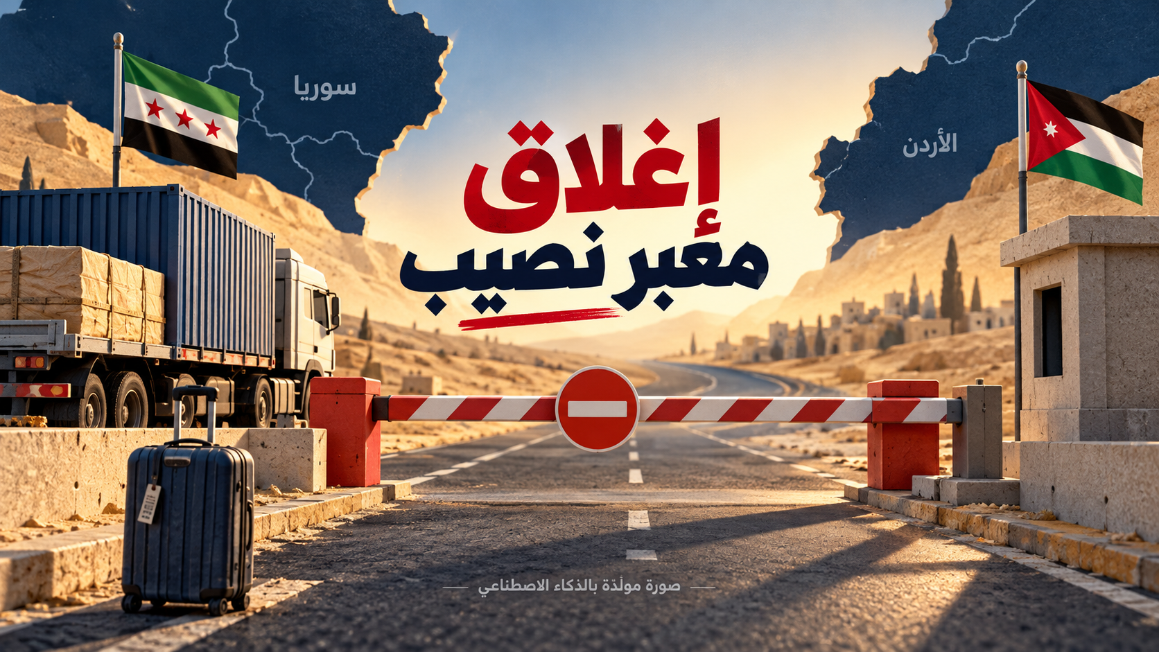 رسم توضيحي مولّد بالذكاء الاصطناعي لحاجز مغلق وشاحنة وحقيبة سفر مع علمي سوريا والأردن وعبارة إغلاق معبر نصيب