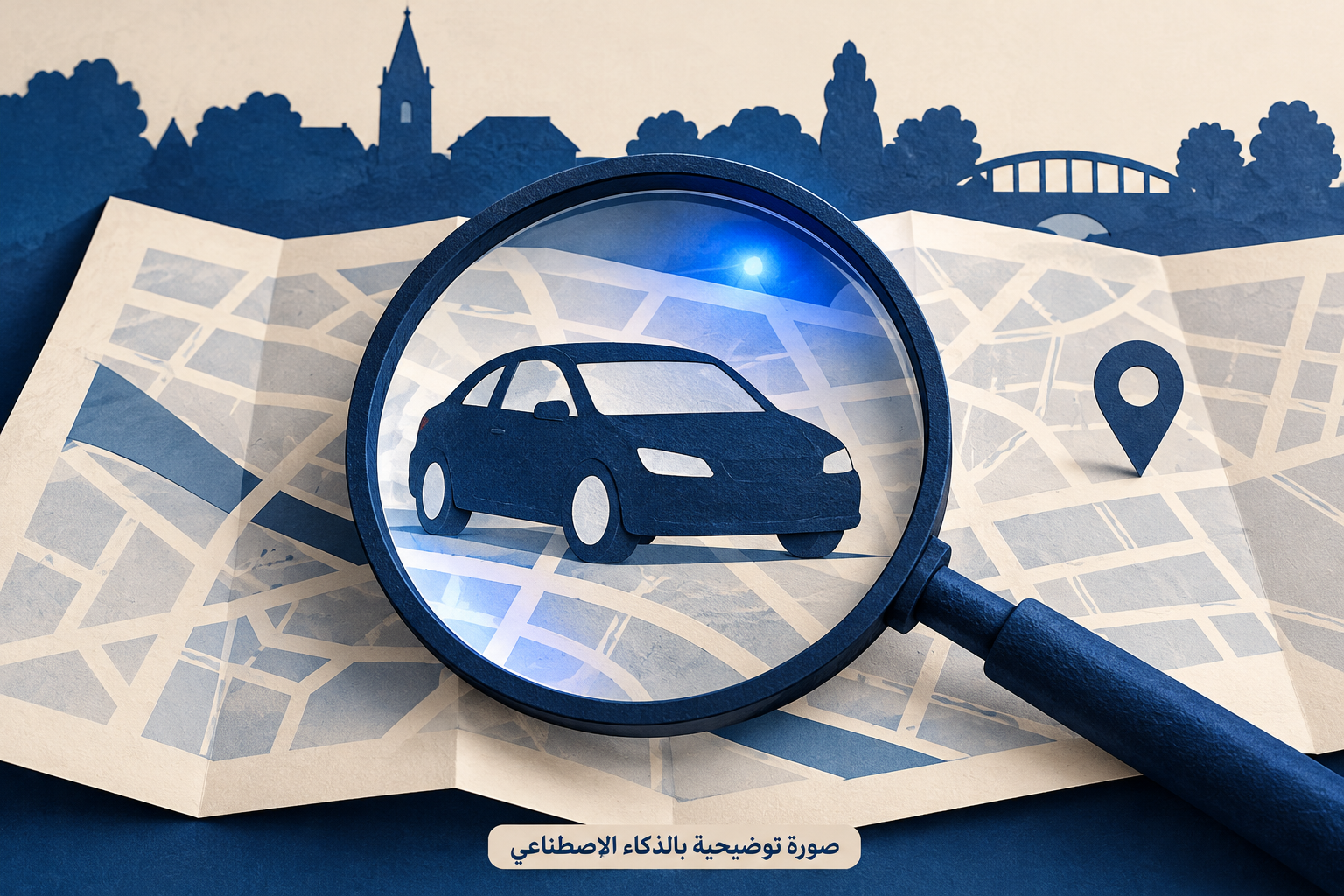 رسم رمزي لعدسة مكبرة فوق سيارة زرقاء وخريطة ورقية، لا يمثل موقع الحادث أو أشخاصًا حقيقيين.