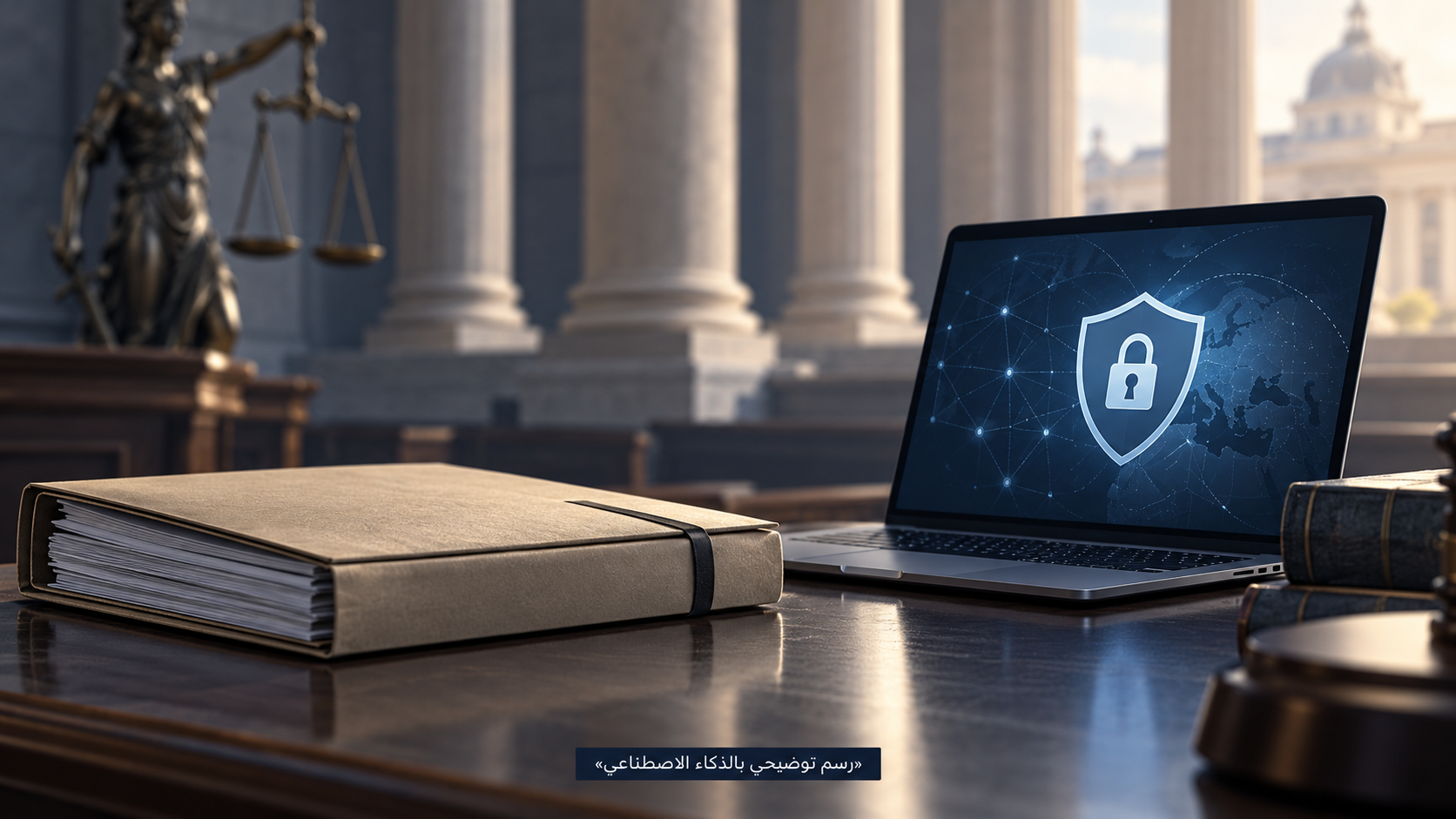 رسم توضيحي لملف قضائي وحاسوب يحمل رمز قفل وميزان عدالة في الخلفية