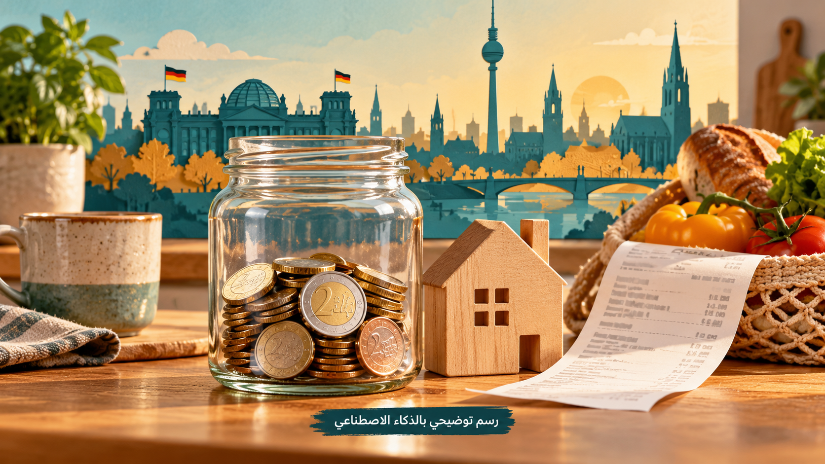 رسم توضيحي لمرطبان عملات ومنزل خشبي وإيصال مشتريات أمام أفق مدينة ألمانية