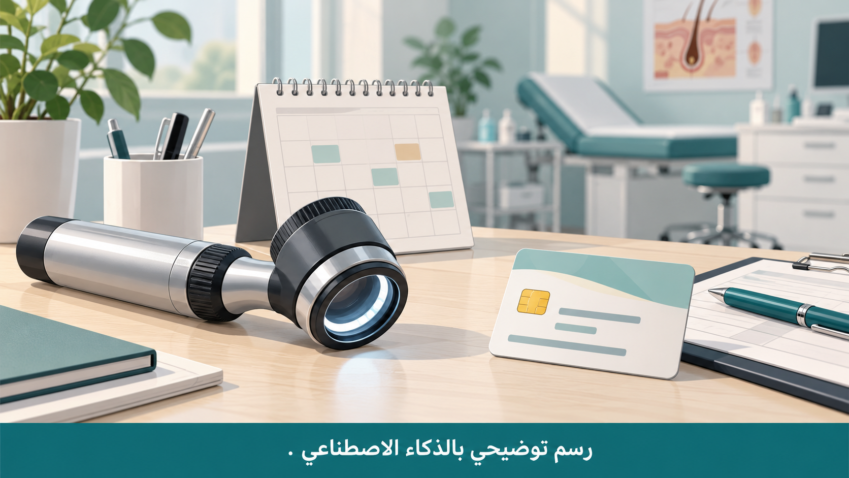 رسم توضيحي لمنظار جلدي وتقويم وبطاقة تأمين دون بيانات شخصية داخل عيادة