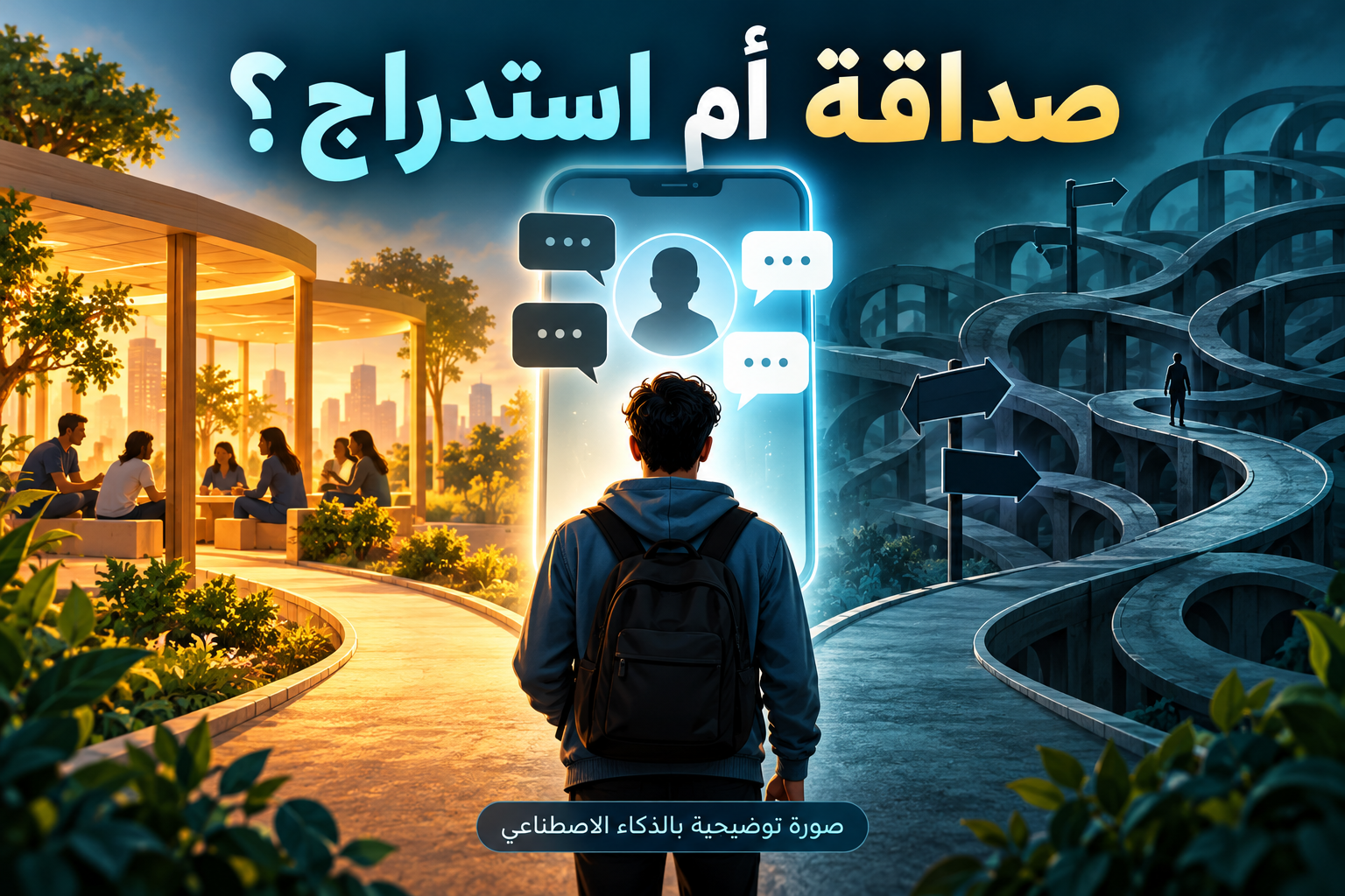 رسم توضيحي لشاب أمام هاتف ومسارين، أحدهما إلى لقاء اجتماعي والآخر متاهة، مع عبارة صداقة أم استدراج؟