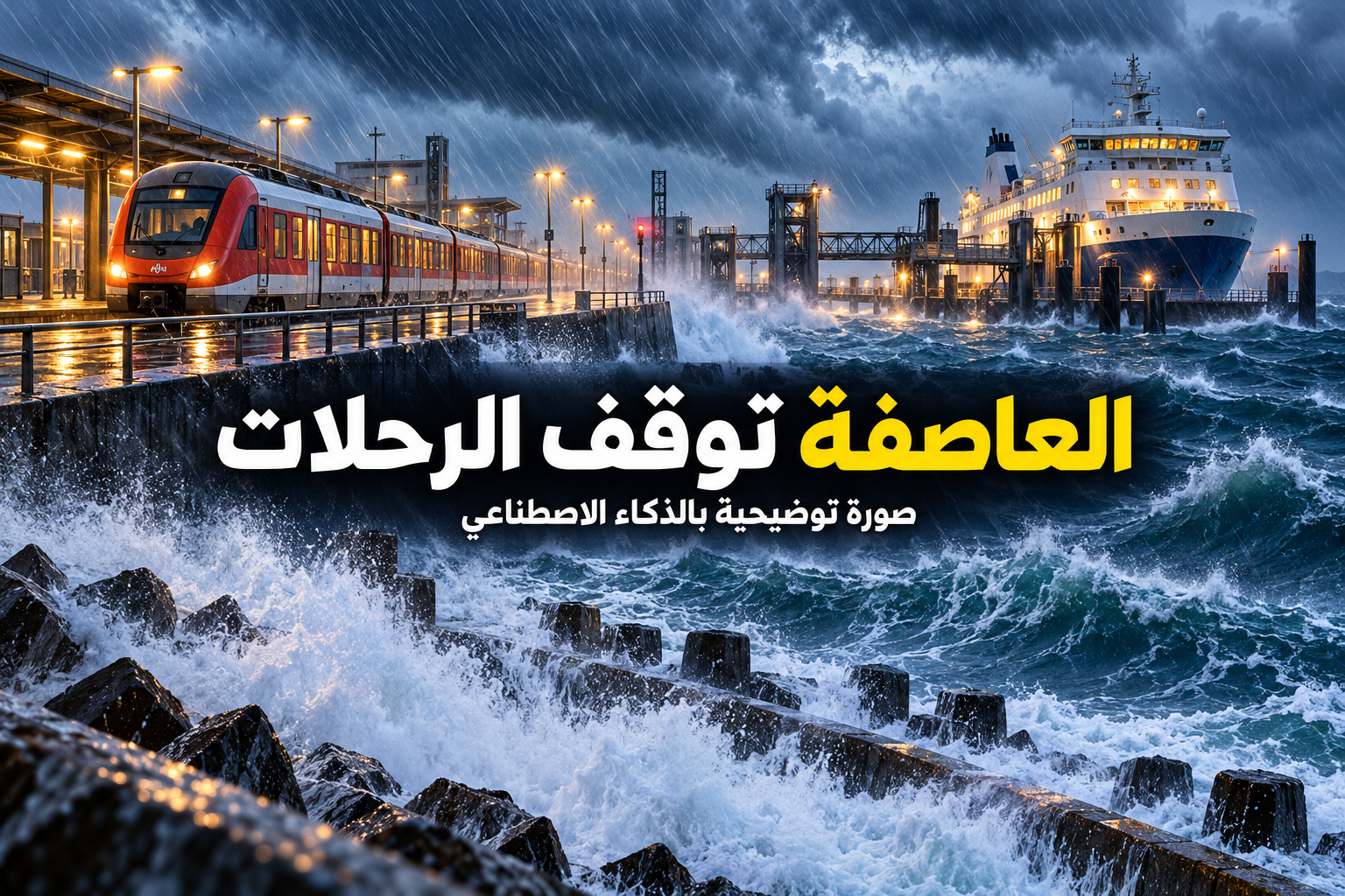 رسم توضيحي لقطار وعبّارة متوقفين عند ساحل عاصف تحت المطر، مع عنوان العاصفة توقف الرحلات