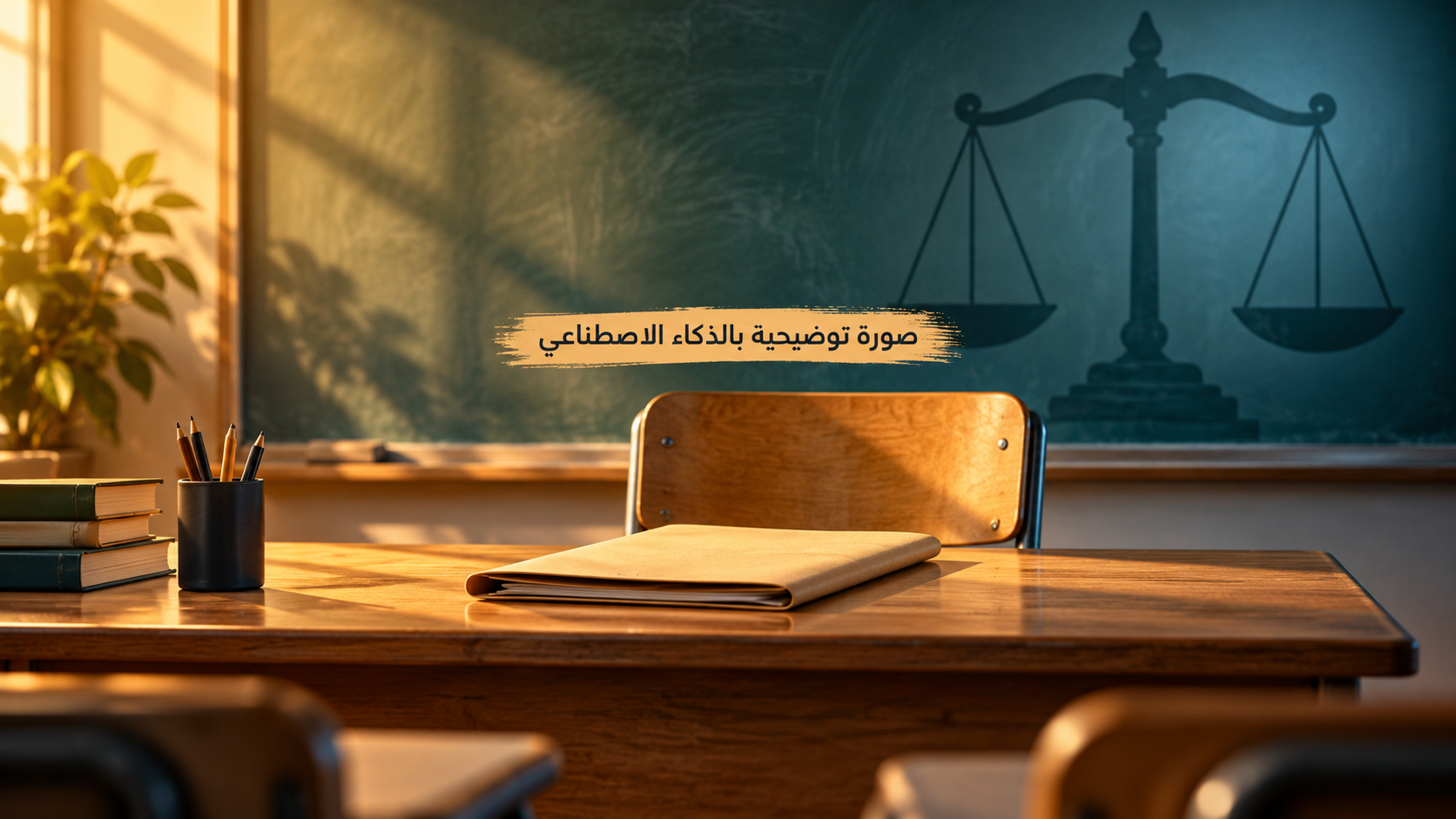 رسم رمزي لمكتب معلم وكرسي خالٍ وملف ورقي، وفي الخلفية سبورة تحمل رمز ميزان العدالة.
